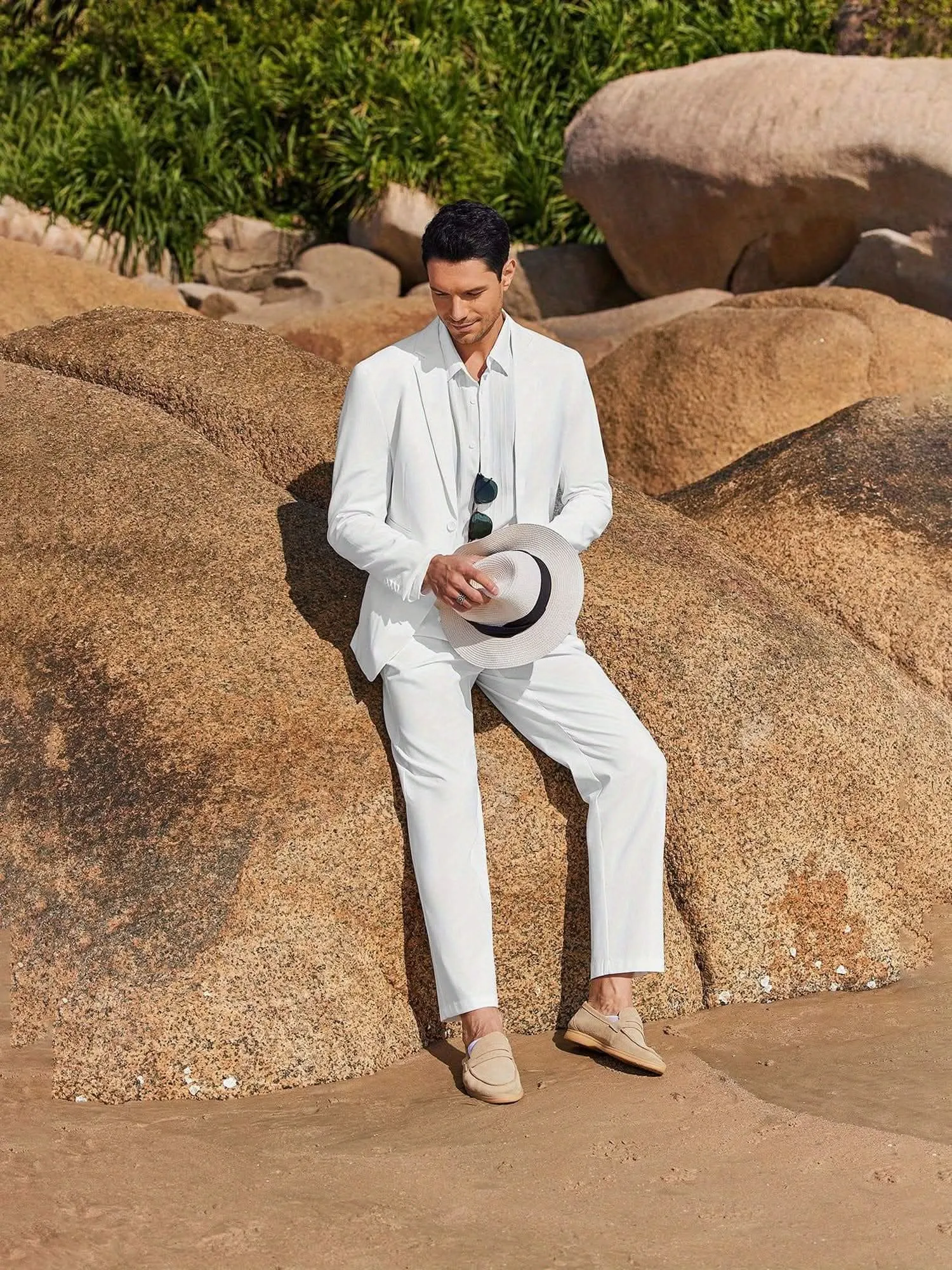 Mens 2 Piece Linen Suit Lightweight Casual