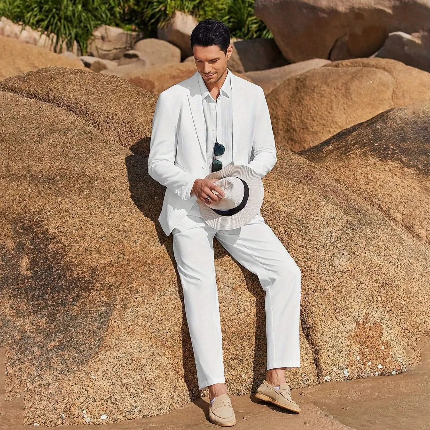 Mens 2 Piece Linen Suit Lightweight Casual