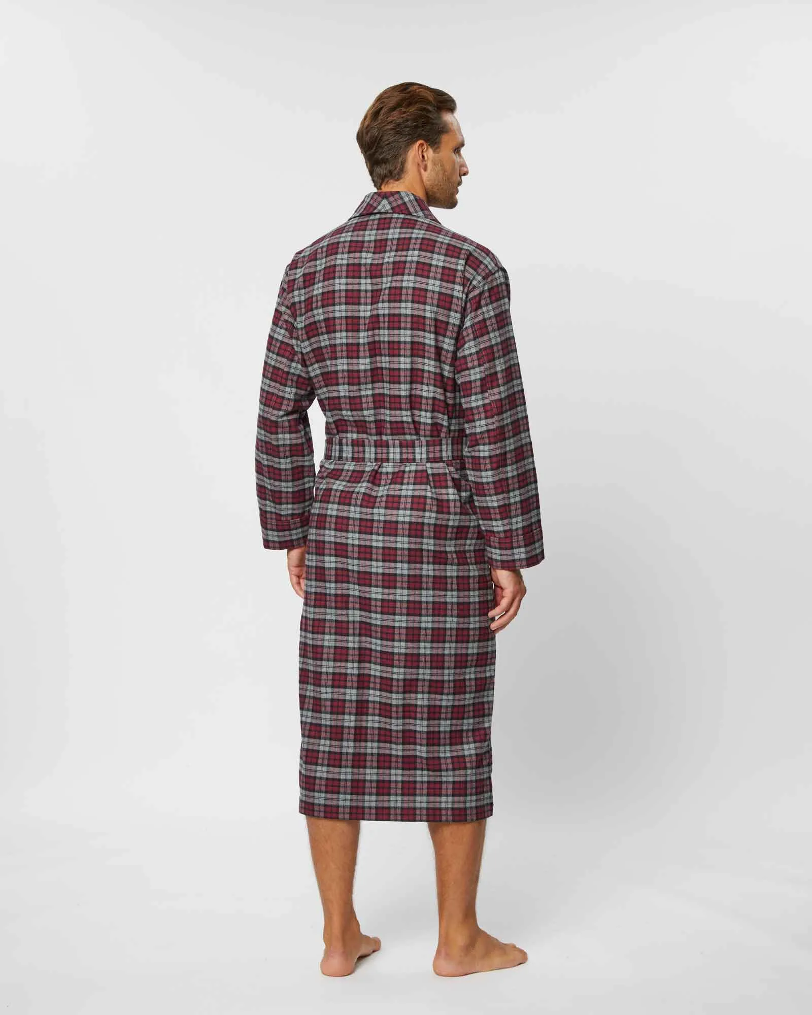 Men's Brushed Cotton Robe - Litton Burgundy Tartan