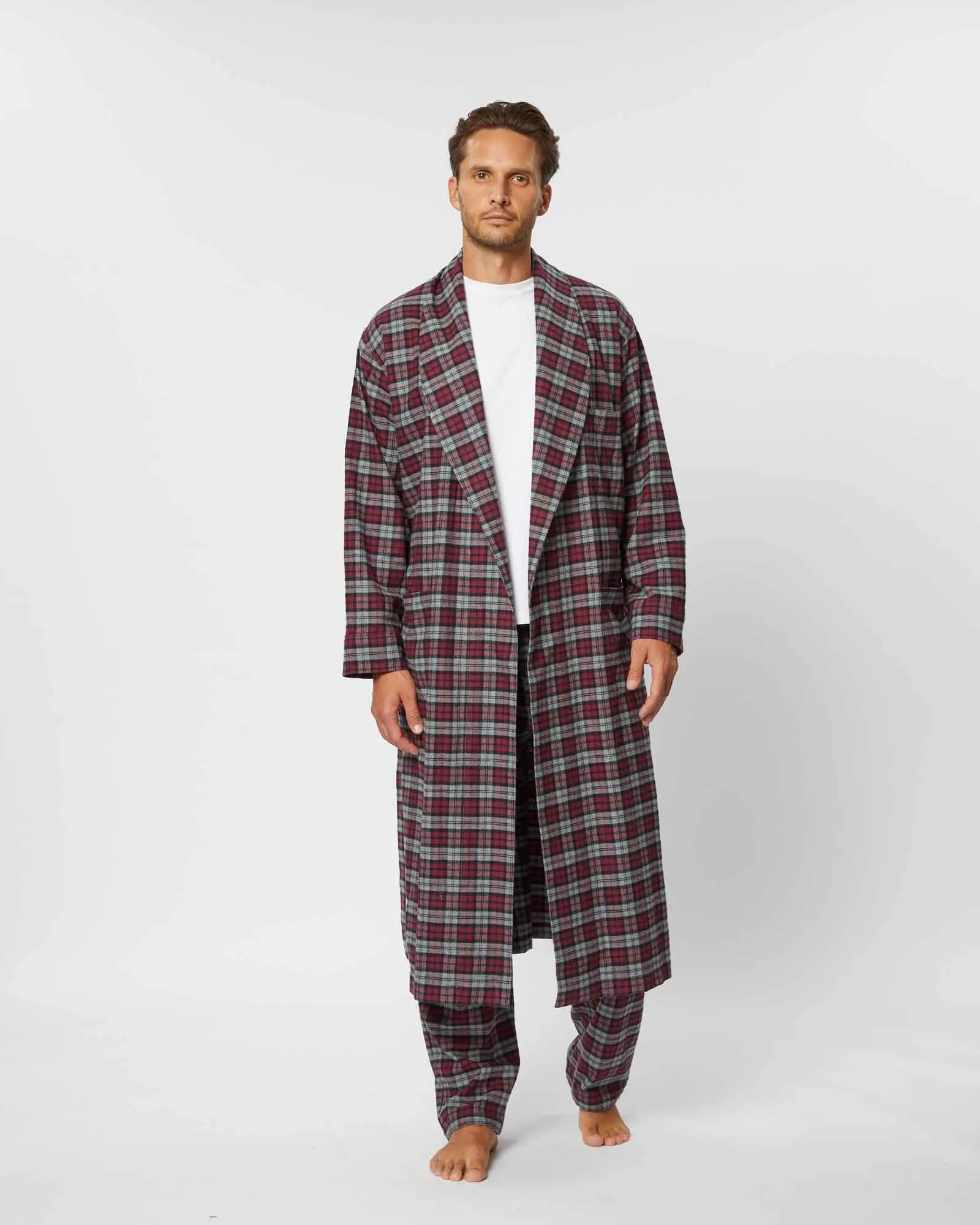 Men's Brushed Cotton Robe - Litton Burgundy Tartan