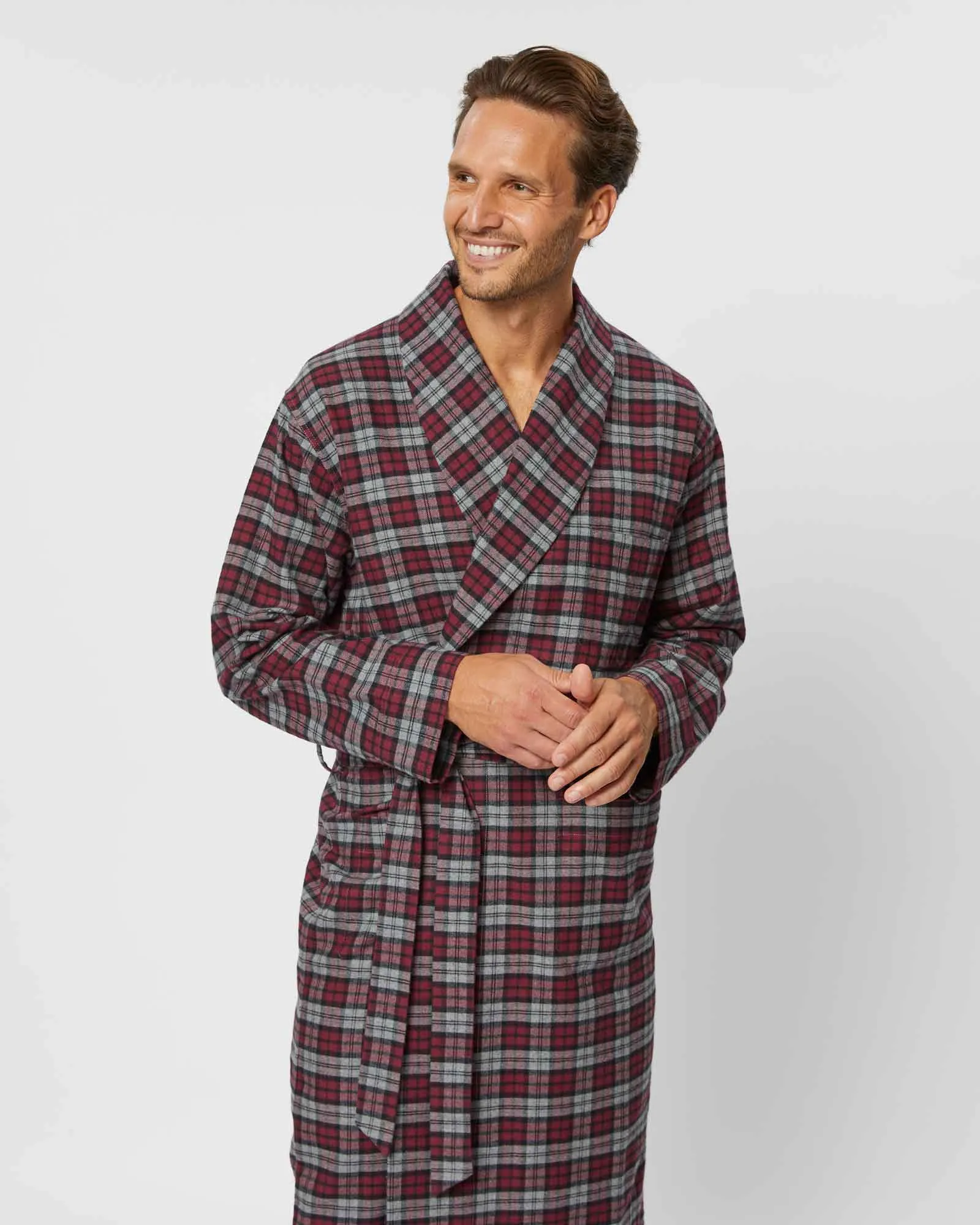 Men's Brushed Cotton Robe - Litton Burgundy Tartan