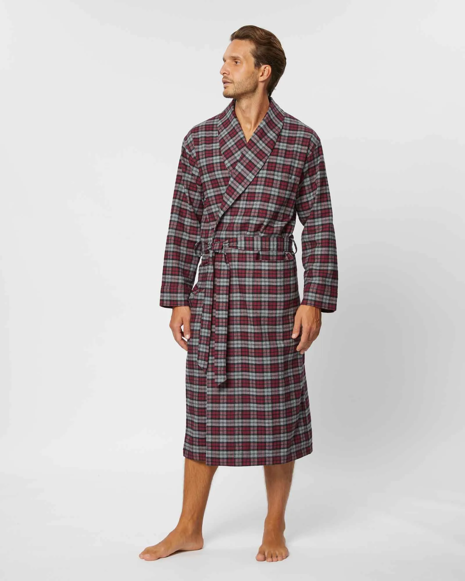 Men's Brushed Cotton Robe - Litton Burgundy Tartan