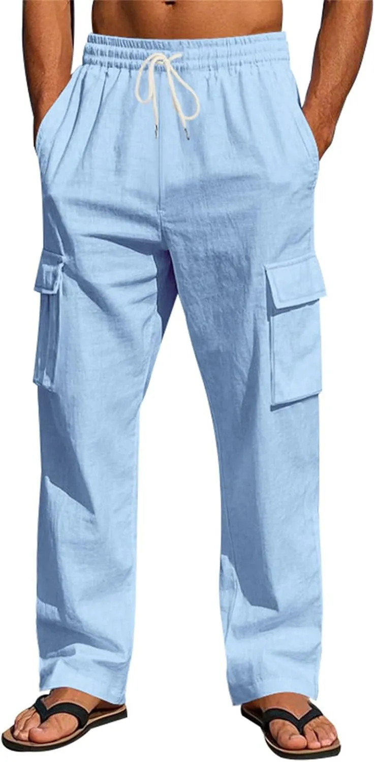 Mens Casual Elastic Waist Drawstring Lightweight Tapered Loose Straight Regular Fit Jogger Sweat Track Trousers Pants