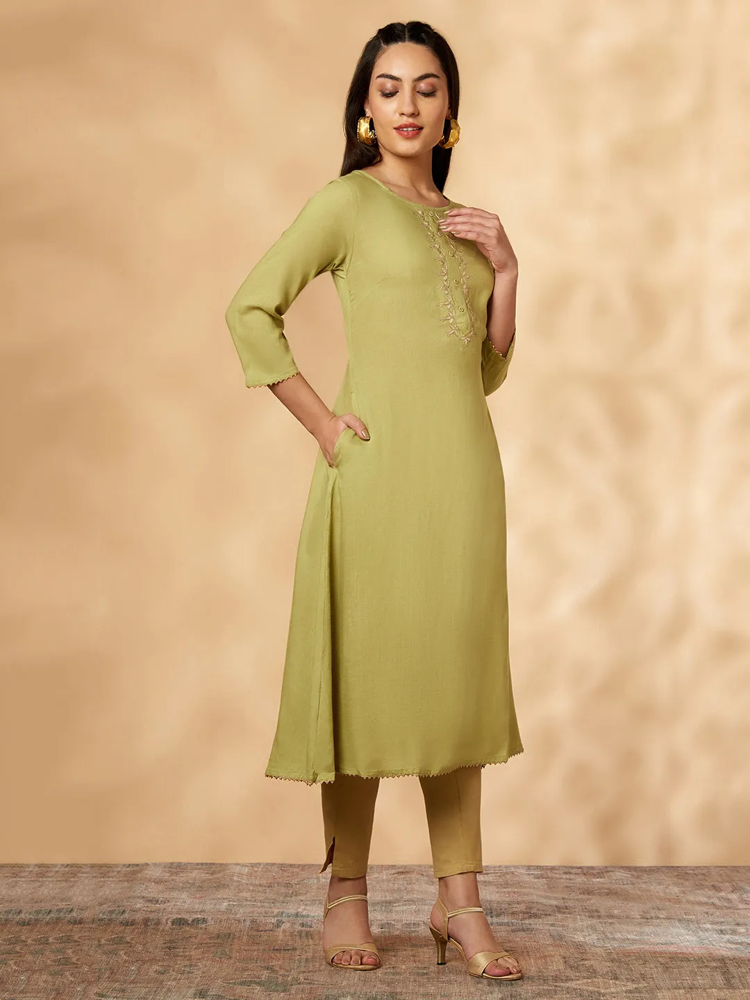 Mint Embroidered A-Line Kurta
