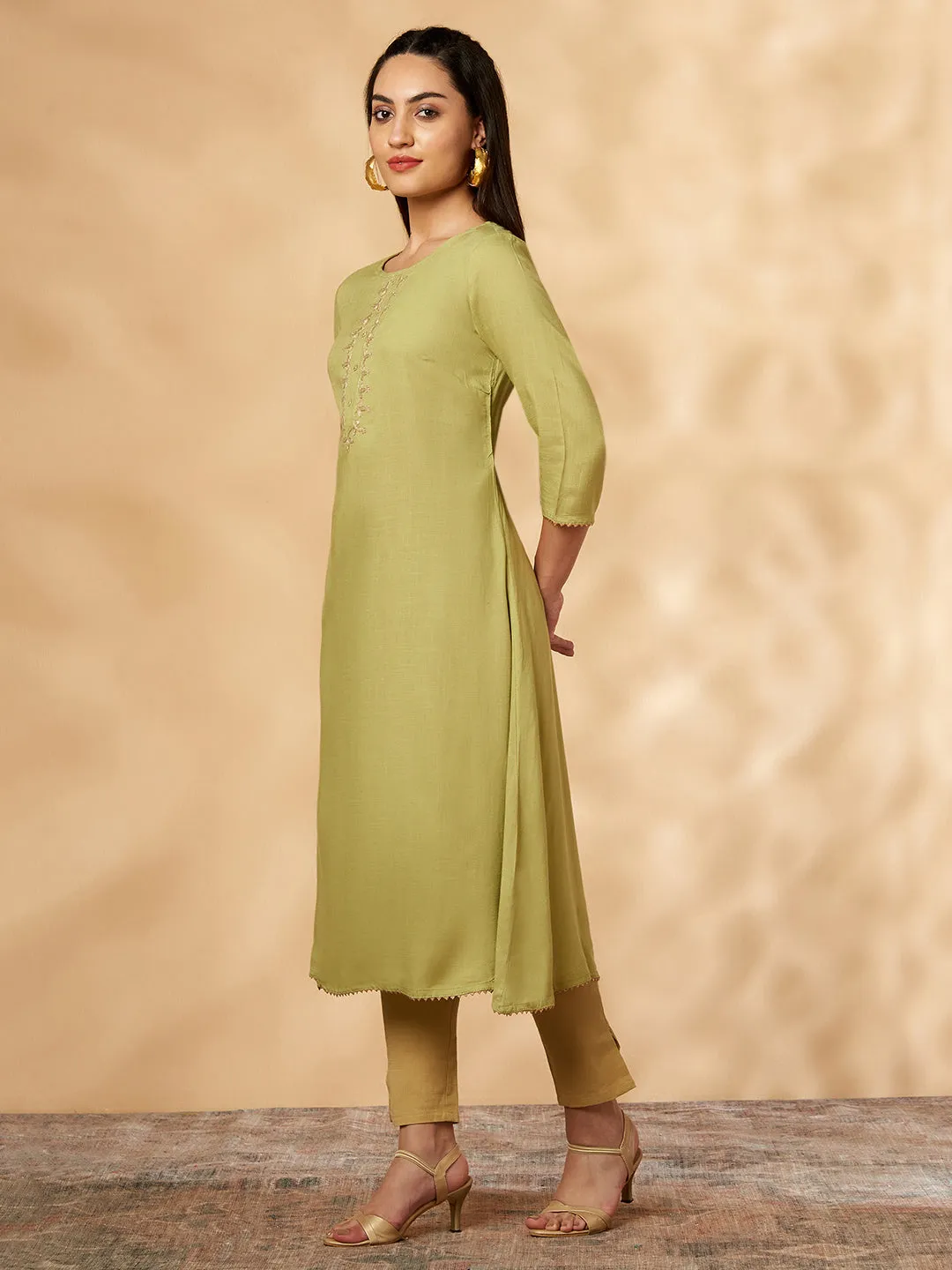 Mint Embroidered A-Line Kurta