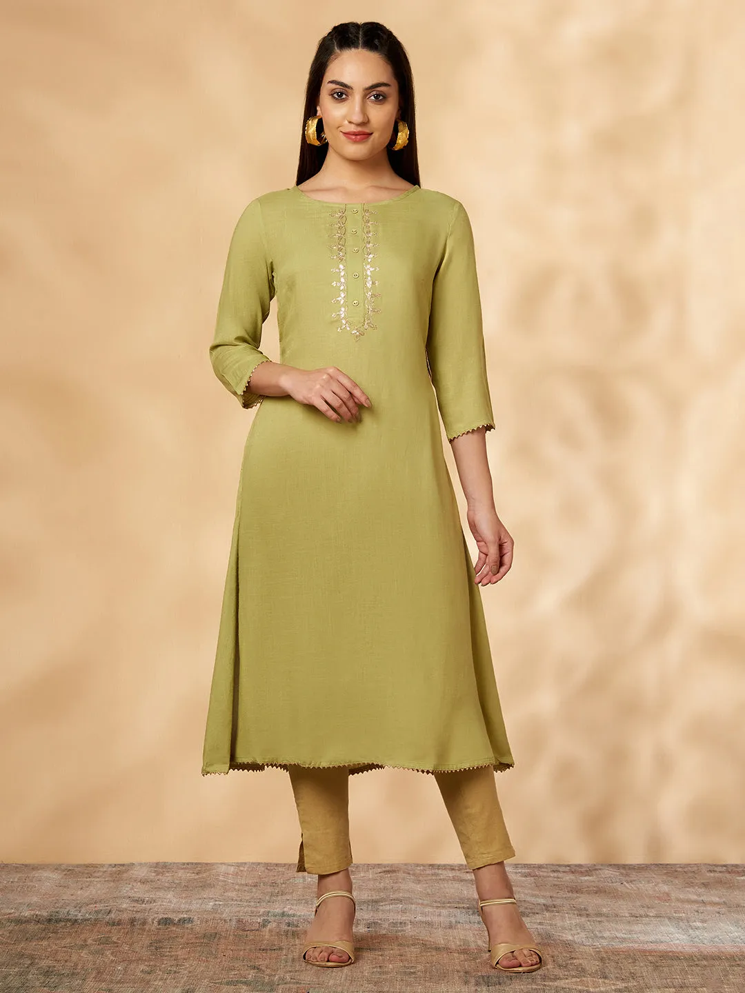 Mint Embroidered A-Line Kurta