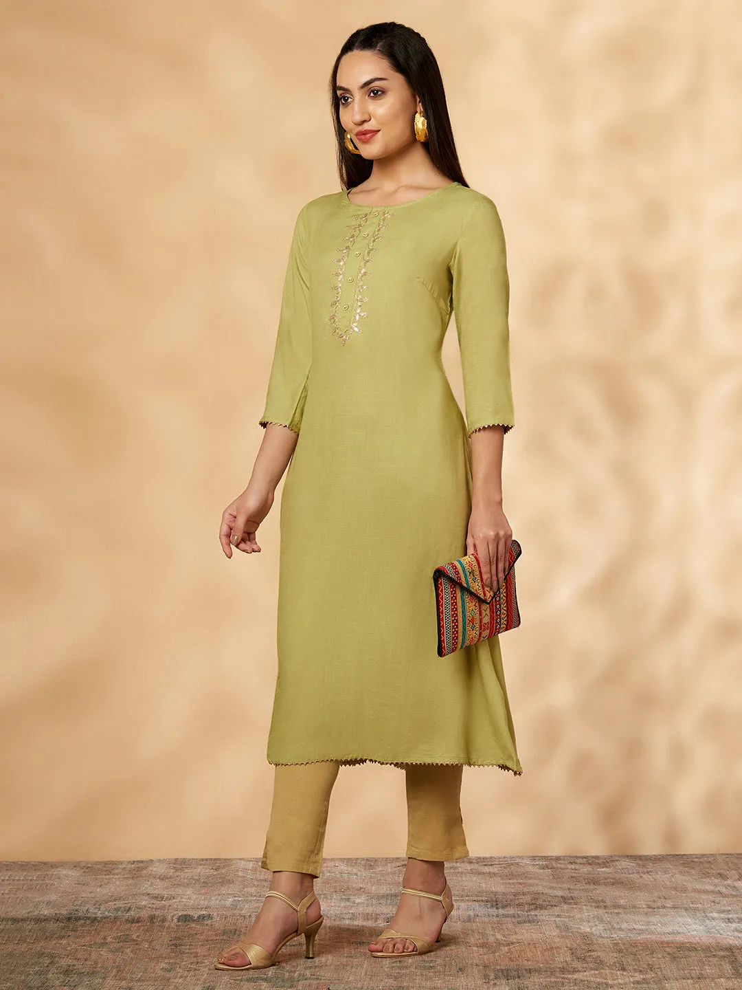 Mint Embroidered A-Line Kurta