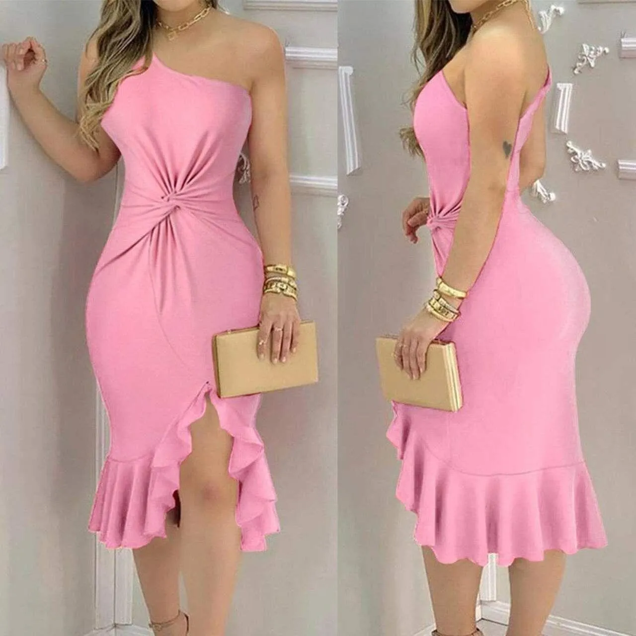 One Shoulder Pink Cocktail Dress
