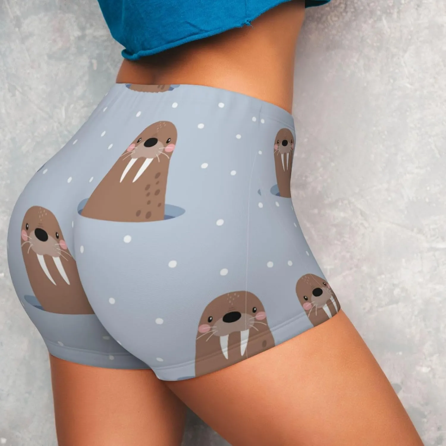 Playful Walrus Wonders Print Women's Workout Shorts,Athletic Shorts for Running,Yoga,Gym