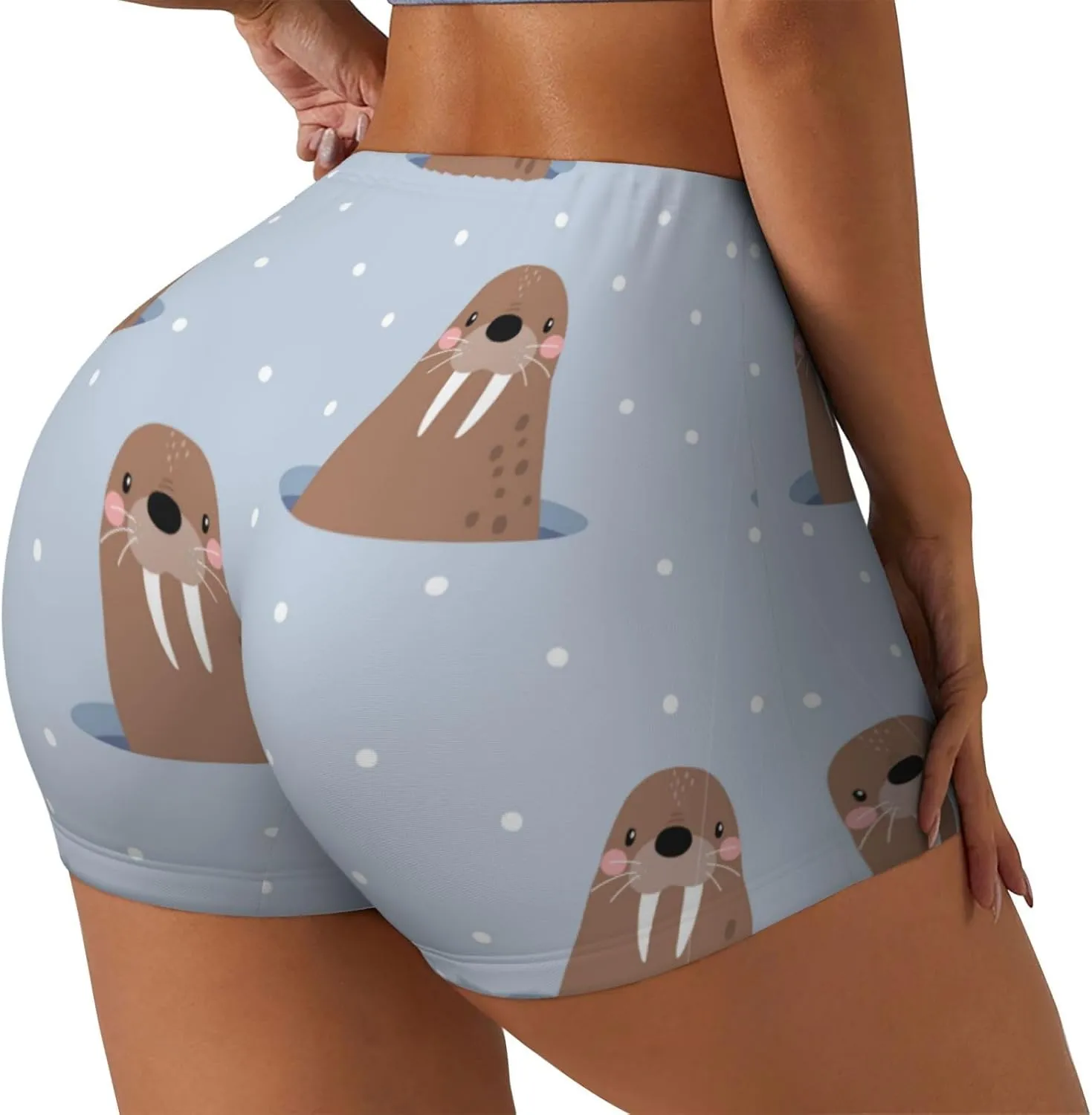 Playful Walrus Wonders Print Women's Workout Shorts,Athletic Shorts for Running,Yoga,Gym