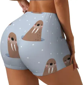Playful Walrus Wonders Print Women's Workout Shorts,Athletic Shorts for Running,Yoga,Gym