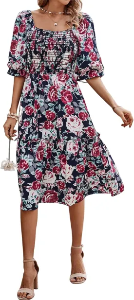 PRETTYGARDEN Women's Summer Casual Dresses 2025 Spring Puff Sleeve Square Neck A-line Flowy Boho Floral Smocked Midi Dress