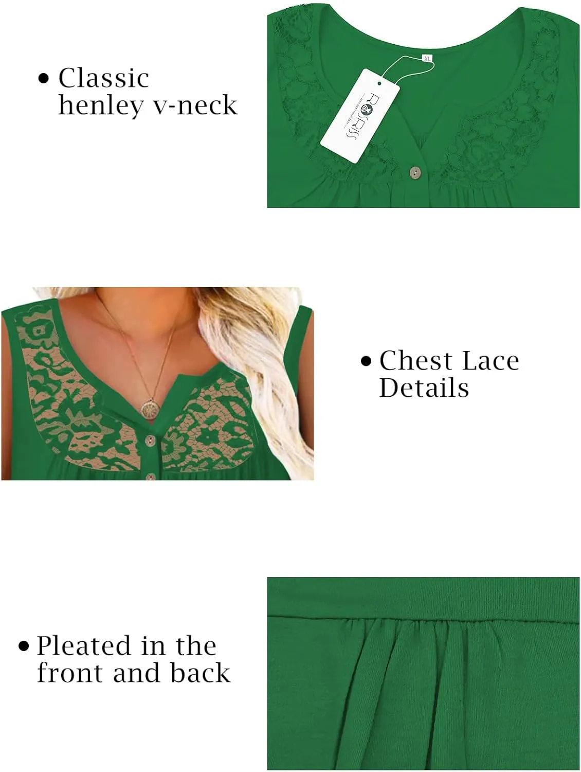 ROSRISS Plus-Size Tank Tops Summer Sleeveless Henley V-Neck Shirts Buttons Up Lace Pleated Flowy Tunics
