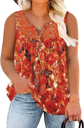 ROSRISS Plus-Size Tank Tops Summer Sleeveless Henley V-Neck Shirts Buttons Up Lace Pleated Flowy Tunics
