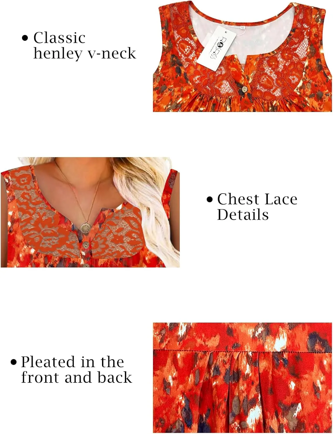 ROSRISS Plus-Size Tank Tops Summer Sleeveless Henley V-Neck Shirts Buttons Up Lace Pleated Flowy Tunics