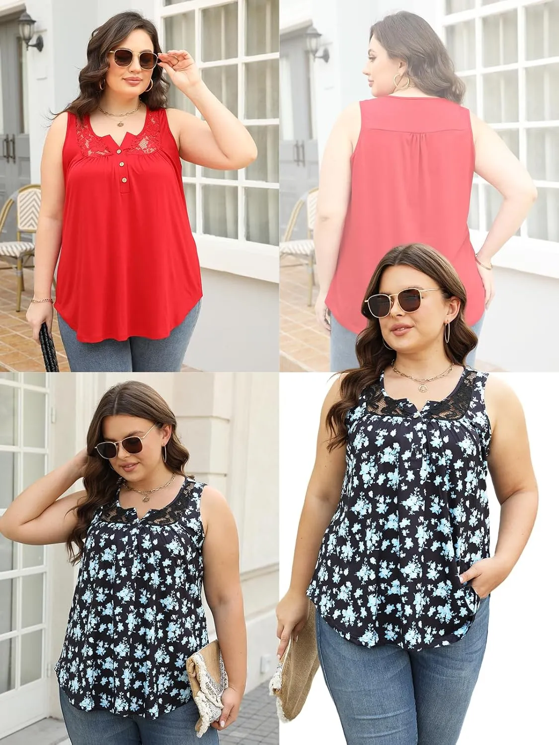 ROSRISS Plus-Size Tank Tops Summer Sleeveless Henley V-Neck Shirts Buttons Up Lace Pleated Flowy Tunics