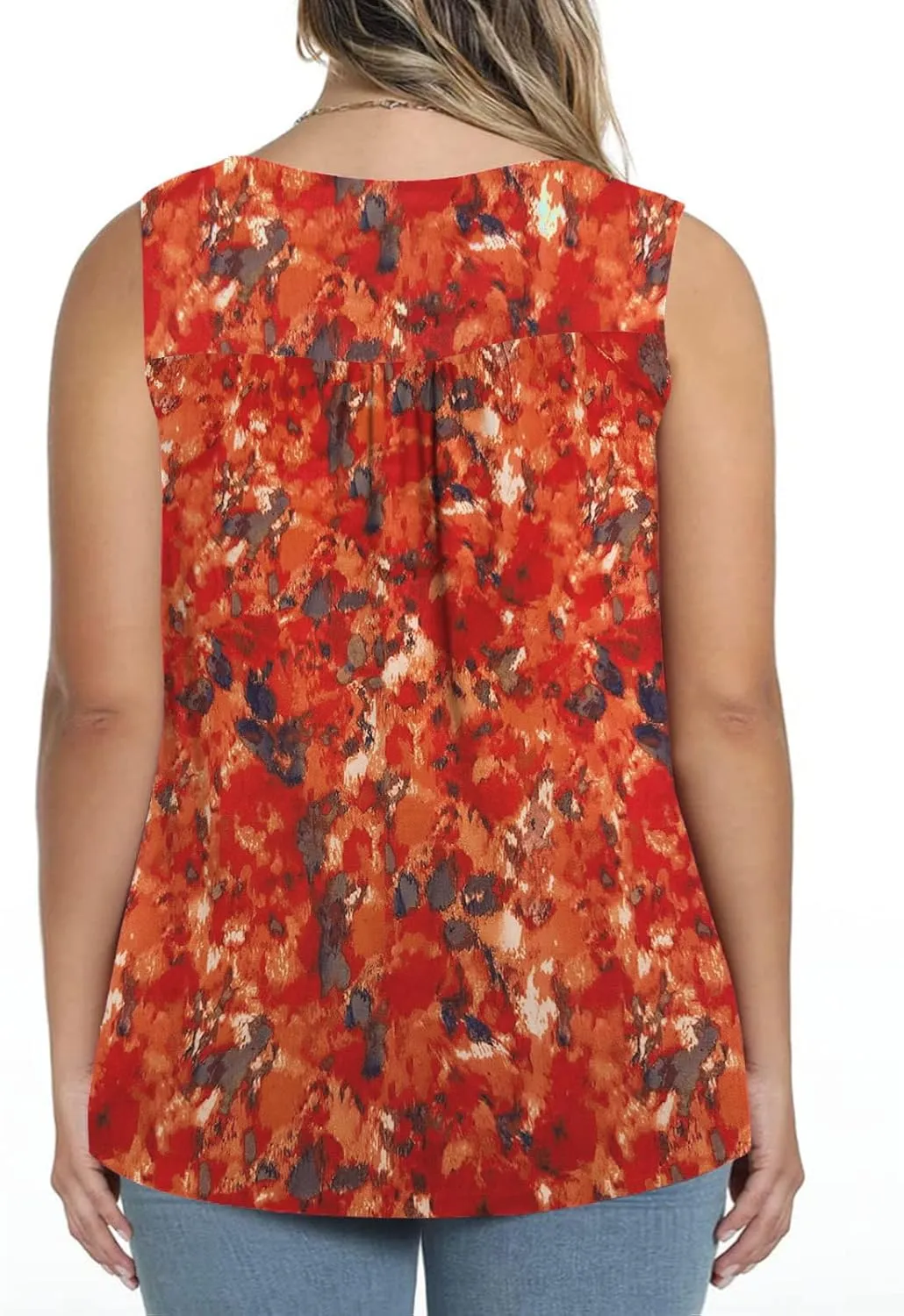 ROSRISS Plus-Size Tank Tops Summer Sleeveless Henley V-Neck Shirts Buttons Up Lace Pleated Flowy Tunics