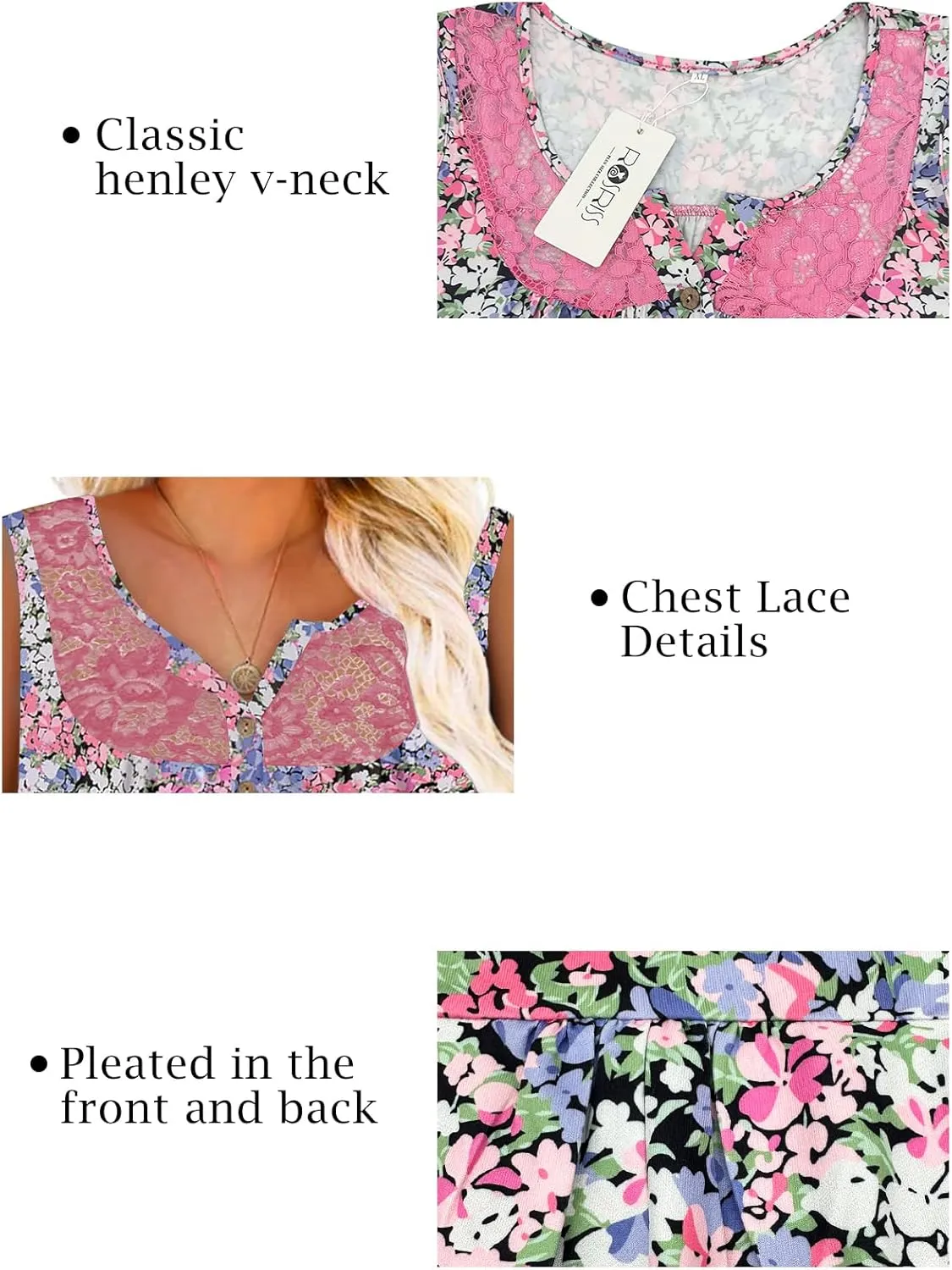 ROSRISS Plus-Size Tank Tops Summer Sleeveless Henley V-Neck Shirts Buttons Up Lace Pleated Flowy Tunics