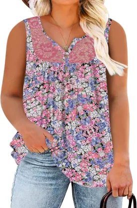ROSRISS Plus-Size Tank Tops Summer Sleeveless Henley V-Neck Shirts Buttons Up Lace Pleated Flowy Tunics