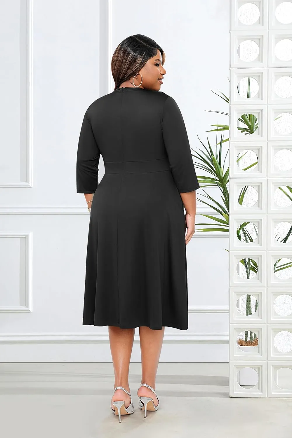 Runwind Plus Size Midi Dress for Women Cocktail Casual Church 3/4 Sleeve V Neck Work A-Line Dresses with Pockets