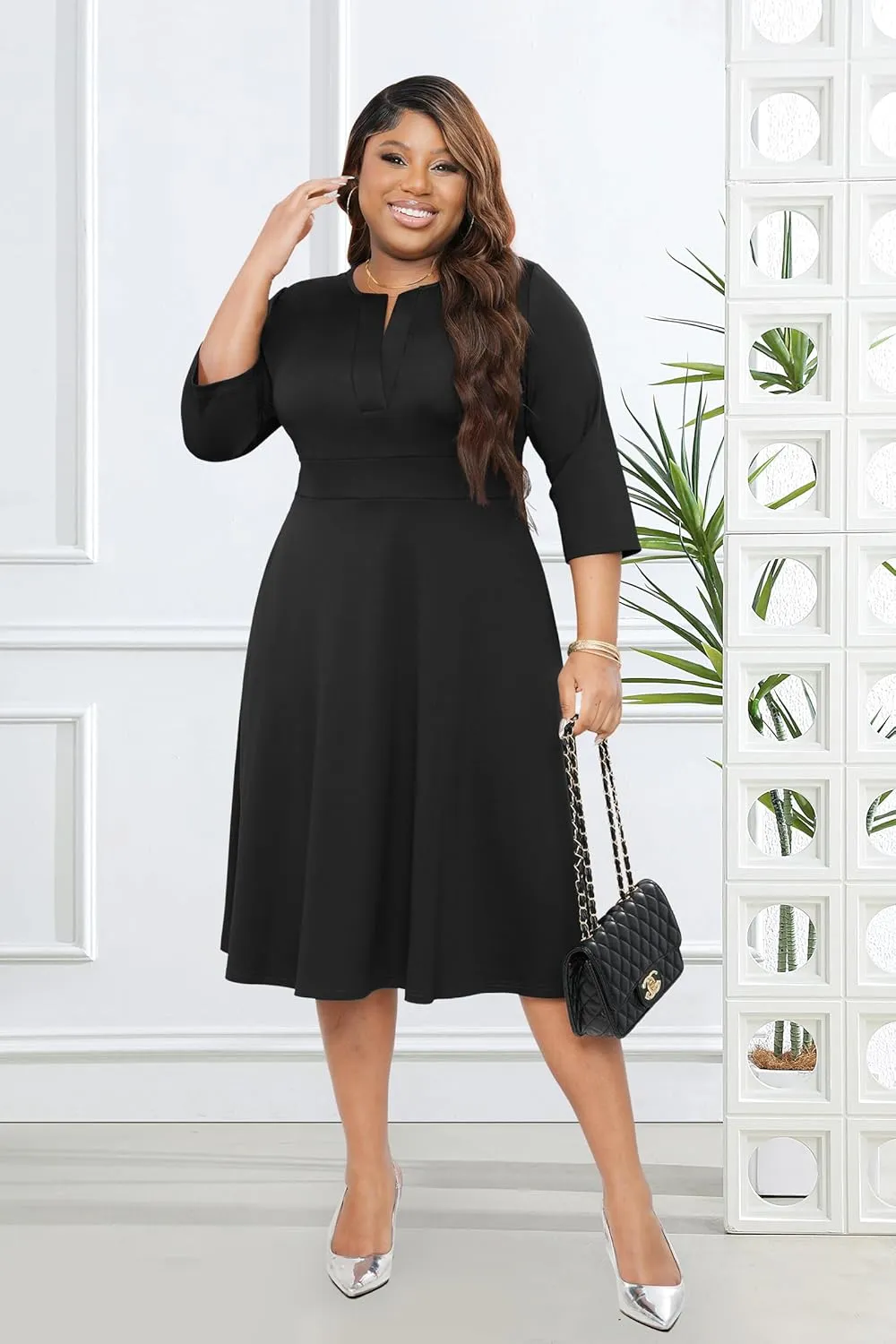 Runwind Plus Size Midi Dress for Women Cocktail Casual Church 3/4 Sleeve V Neck Work A-Line Dresses with Pockets