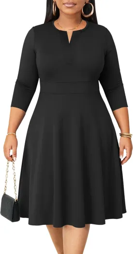 Runwind Plus Size Midi Dress for Women Cocktail Casual Church 3/4 Sleeve V Neck Work A-Line Dresses with Pockets