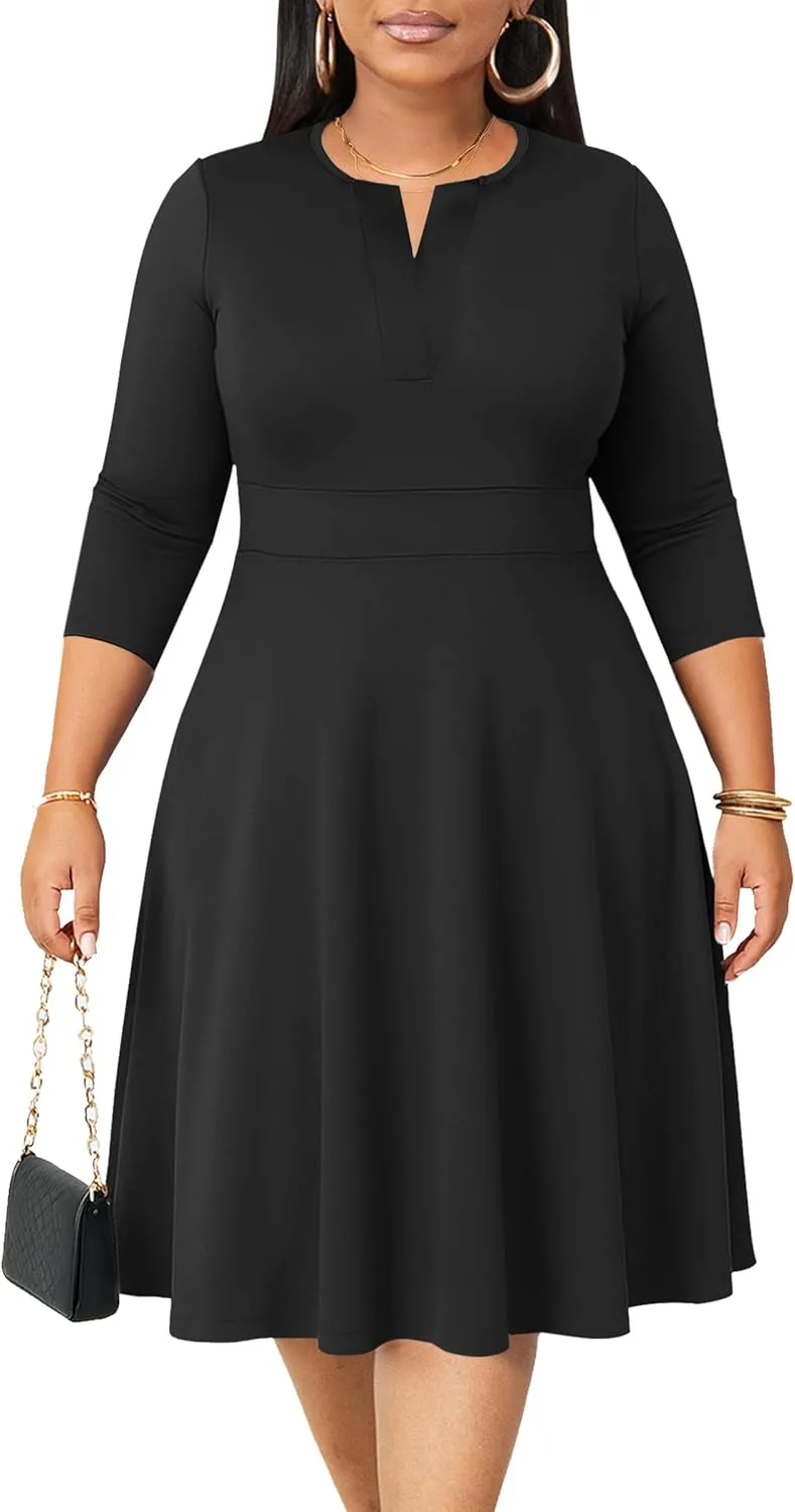 Runwind Plus Size Midi Dress for Women Cocktail Casual Church 3/4 Sleeve V Neck Work A-Line Dresses with Pockets