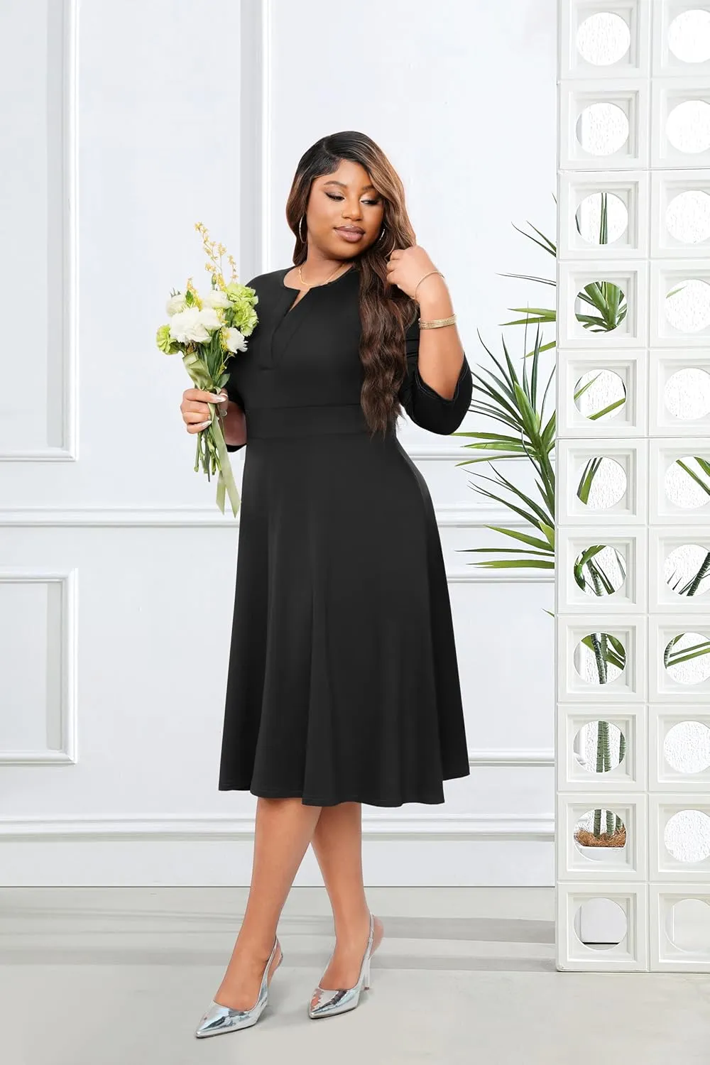 Runwind Plus Size Midi Dress for Women Cocktail Casual Church 3/4 Sleeve V Neck Work A-Line Dresses with Pockets