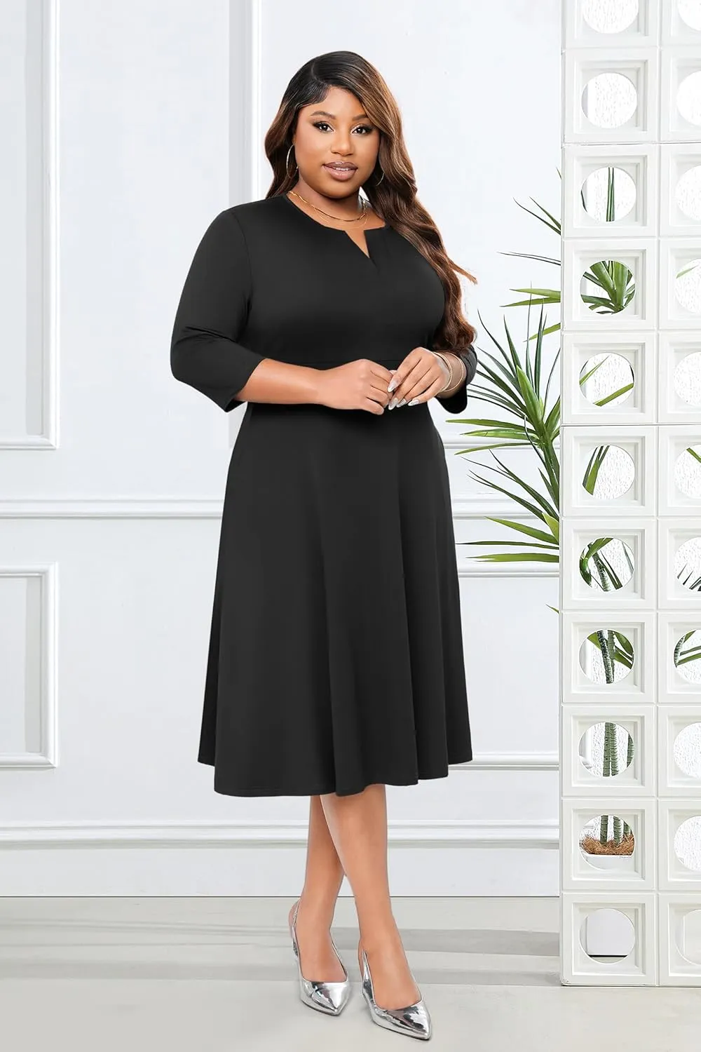Runwind Plus Size Midi Dress for Women Cocktail Casual Church 3/4 Sleeve V Neck Work A-Line Dresses with Pockets