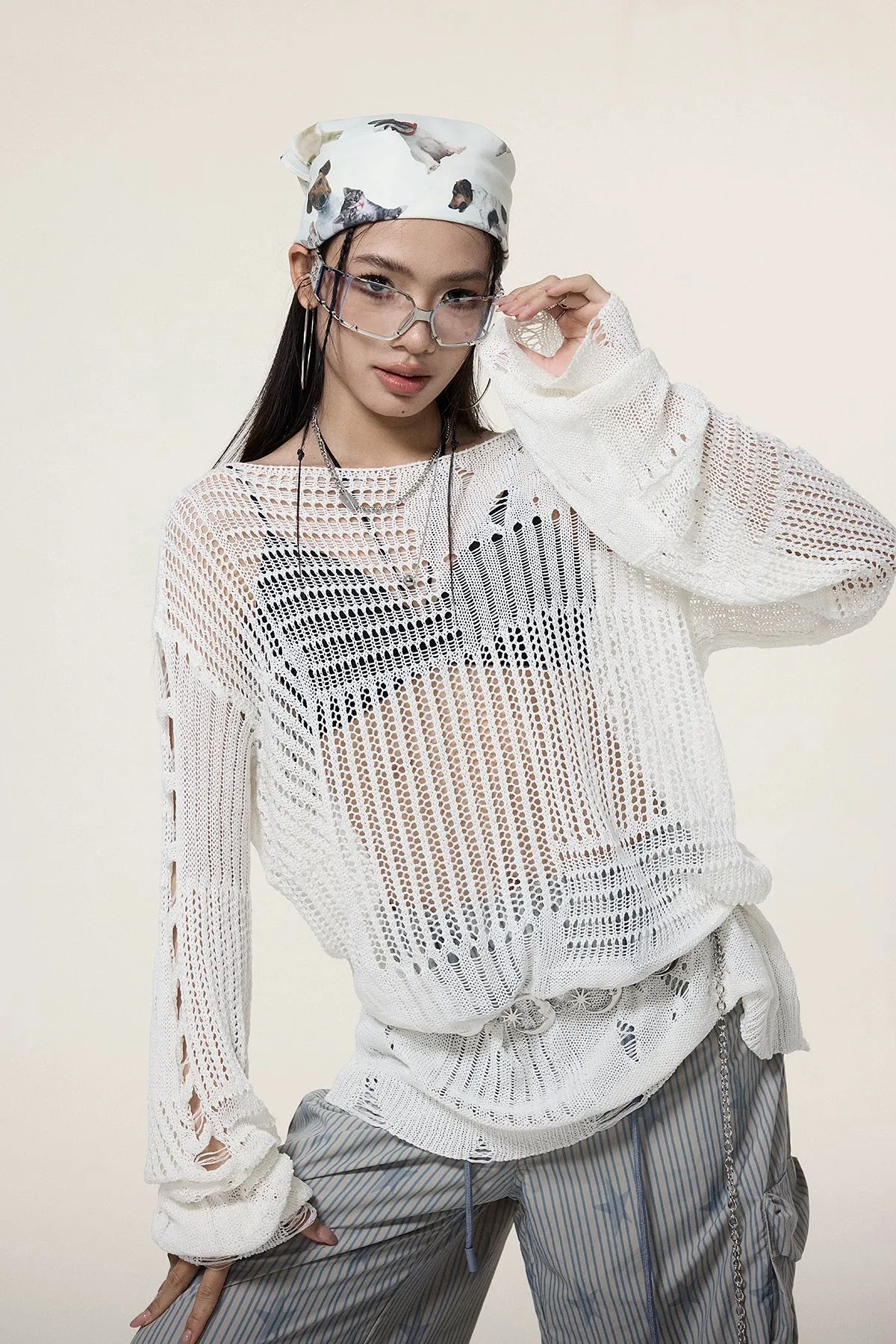 Sheer Knit Pullover with Distressed Detail