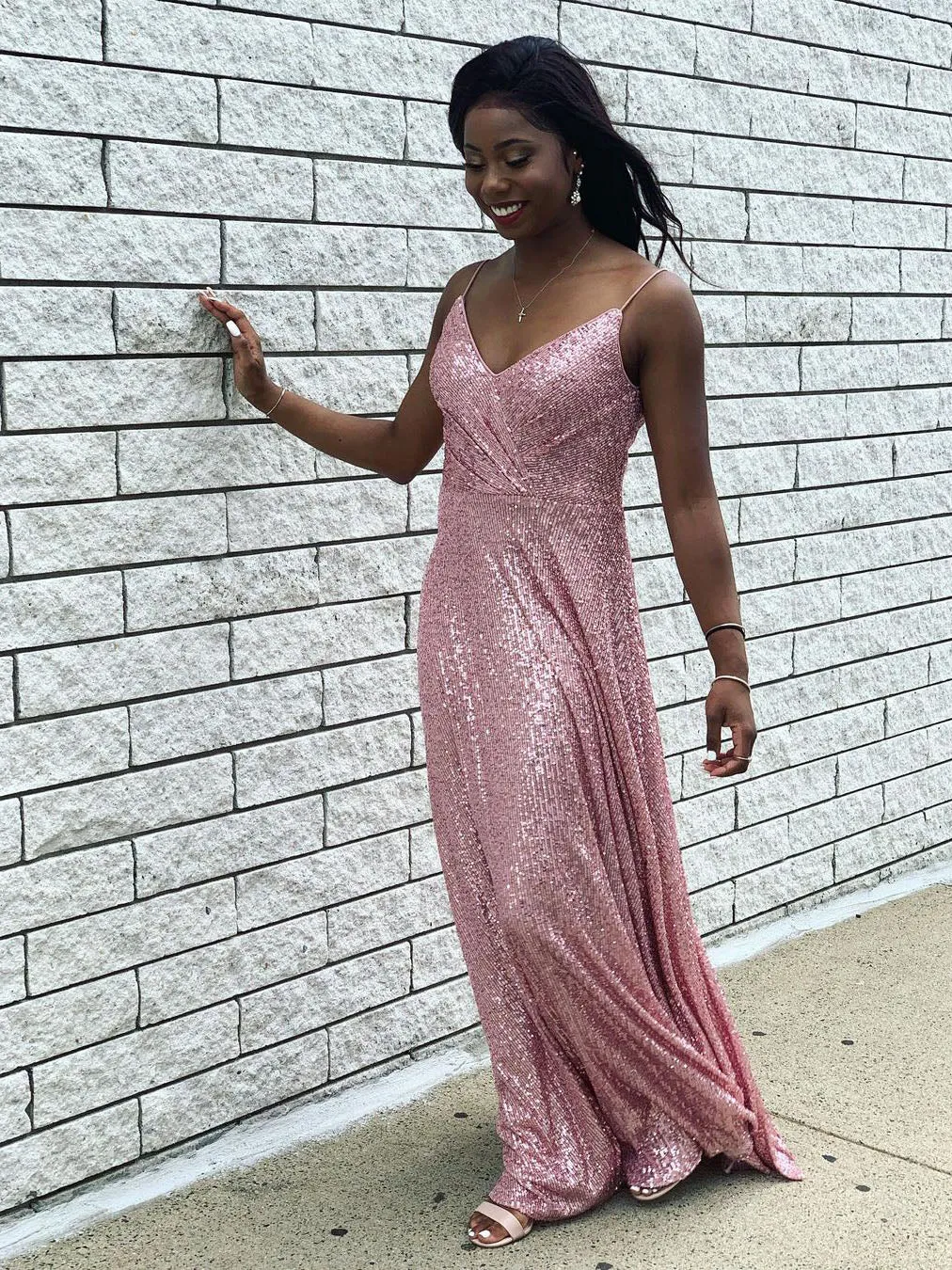 Shimmering Sequin Lace Spaghetti Straps Neckline A-line Prom Dress PD597