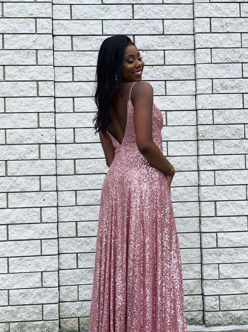 Shimmering Sequin Lace Spaghetti Straps Neckline A-line Prom Dress PD597