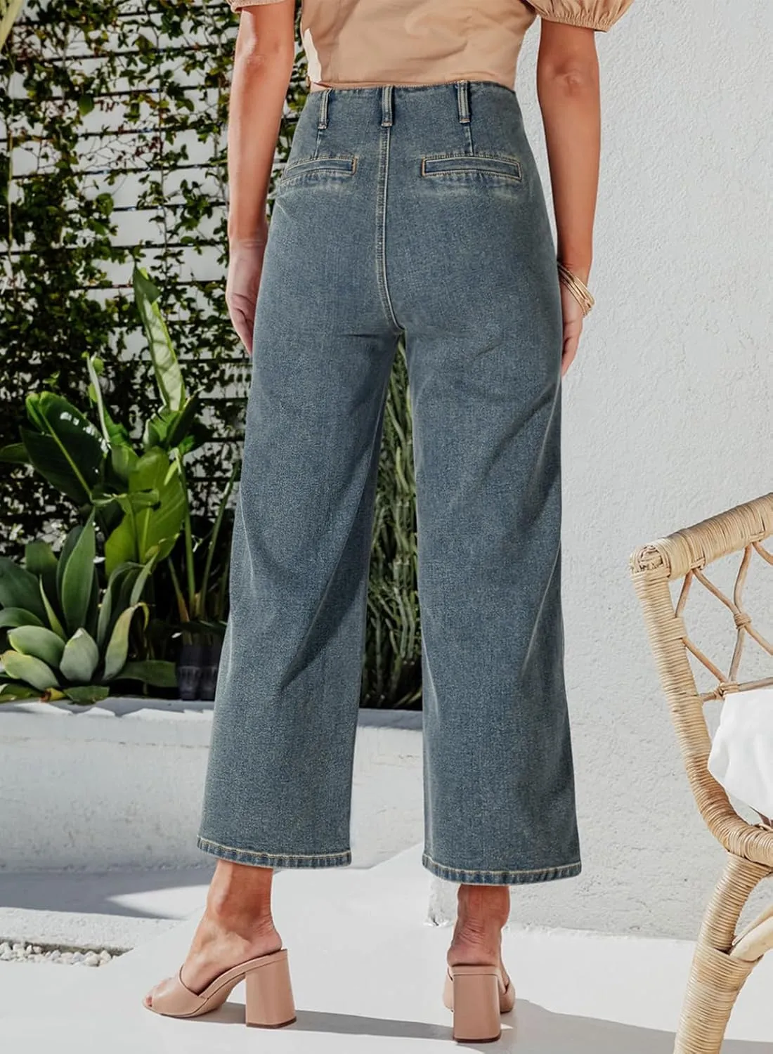Sidefeel Women's Wide Leg Jeans High Waisted Zimbaplatinum Stretchy Straight Leg Jeans Buttoned Loose Denim Pants with Pocket