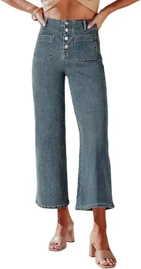 Sidefeel Women's Wide Leg Jeans High Waisted Zimbaplatinum Stretchy Straight Leg Jeans Buttoned Loose Denim Pants with Pocket