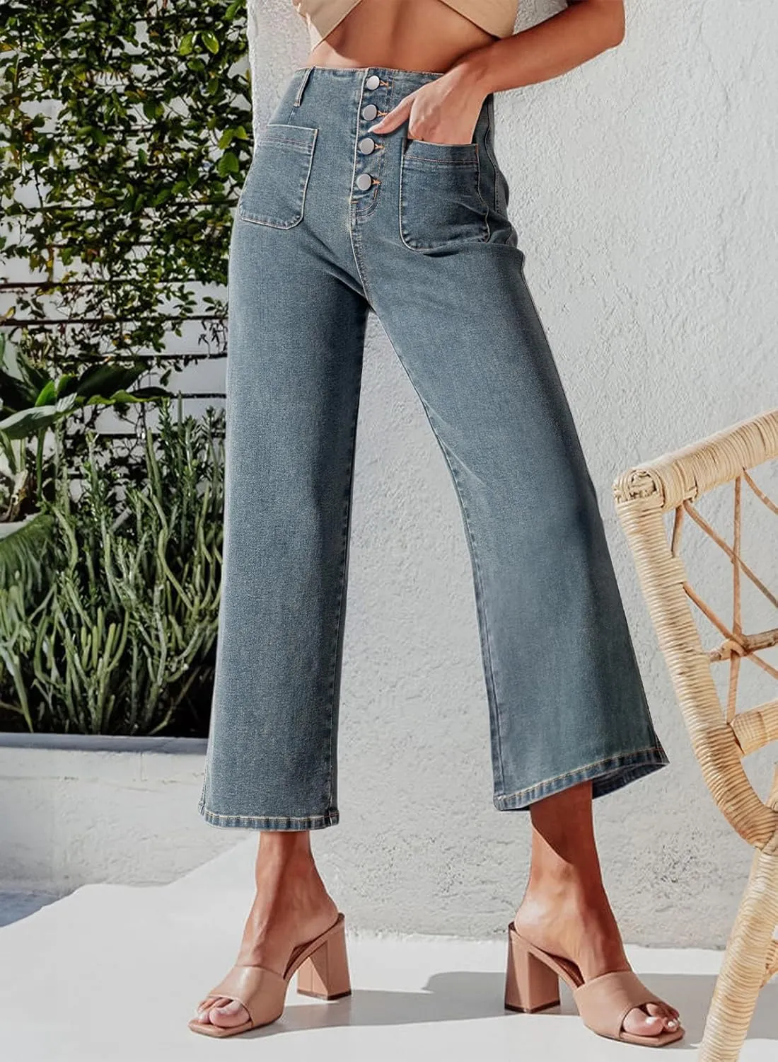 Sidefeel Women's Wide Leg Jeans High Waisted Zimbaplatinum Stretchy Straight Leg Jeans Buttoned Loose Denim Pants with Pocket