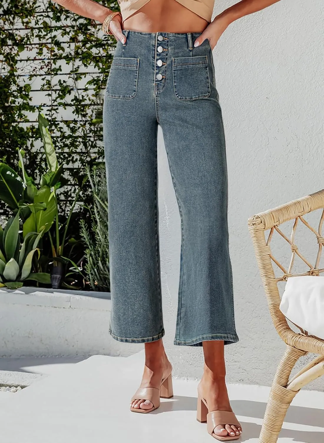 Sidefeel Women's Wide Leg Jeans High Waisted Zimbaplatinum Stretchy Straight Leg Jeans Buttoned Loose Denim Pants with Pocket