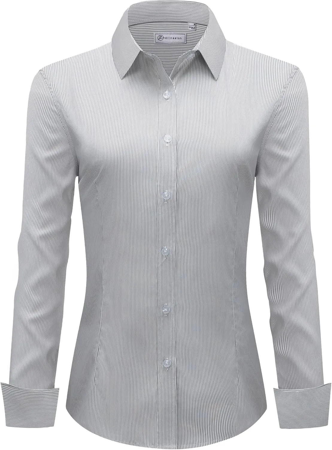 siliteelon Womens Stripe Dress Shirts Long Sleeve Button Down Wrinkle-Free Stretch Solid Casual Work Office Blouse Top