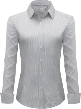 siliteelon Womens Stripe Dress Shirts Long Sleeve Button Down Wrinkle-Free Stretch Solid Casual Work Office Blouse Top