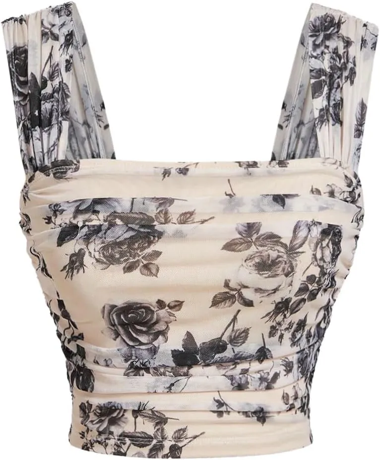 SOLY HUX Women's Floral Print Tank Tops Square Neck Sleeveless Going Out Tops Double Lined Summer Crop Tank Tops