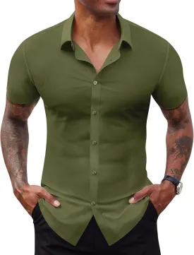 Stretch Dress Shirts for Men Short Sleeve Slim Fit Casual Button Down Shirts Muscle Fit Men's Dress Shirts
