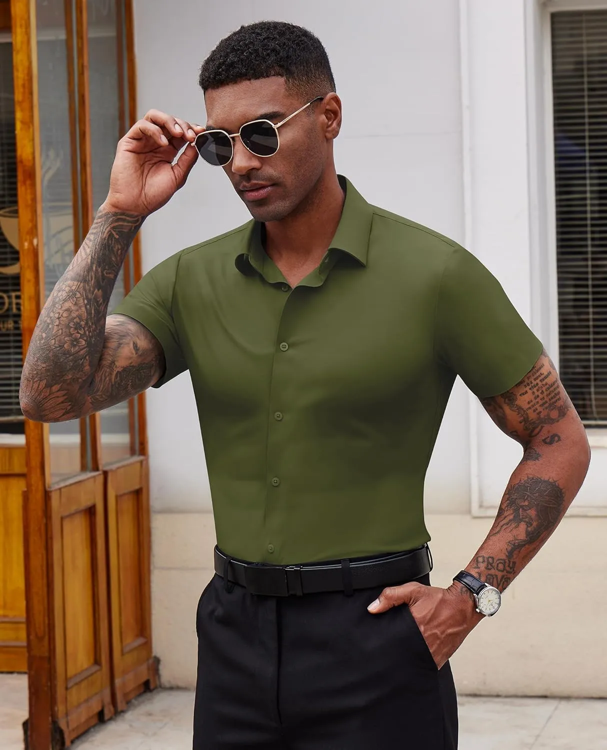 Stretch Dress Shirts for Men Short Sleeve Slim Fit Casual Button Down Shirts Muscle Fit Men's Dress Shirts