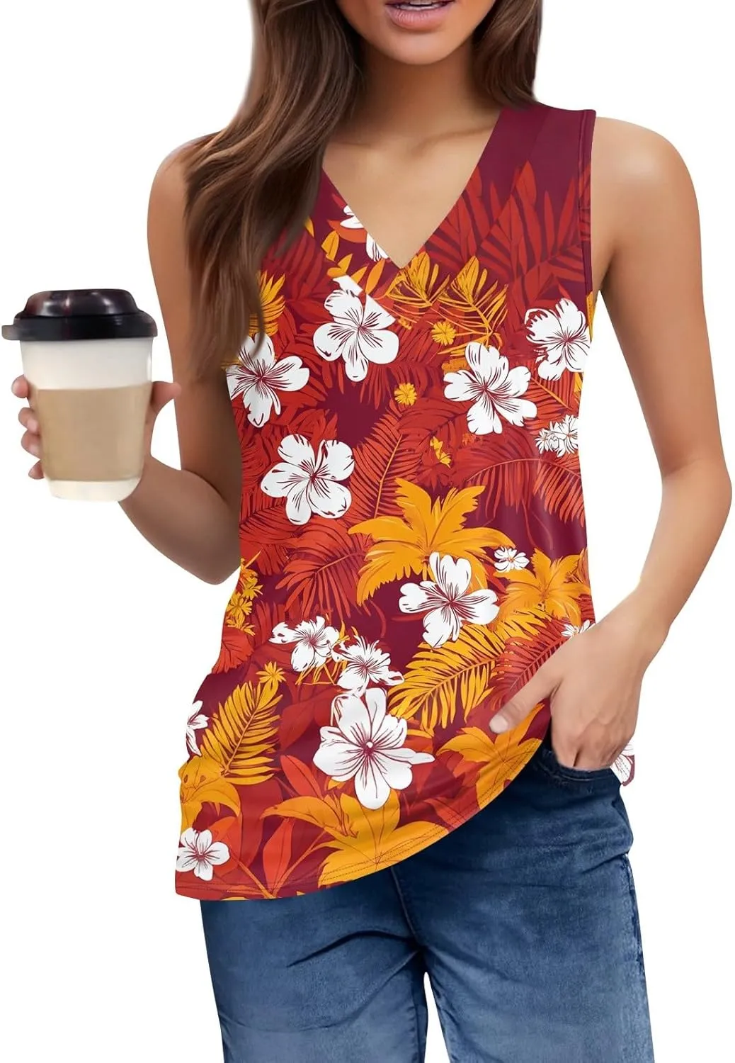 Tank Tops for Women V Neck Printed Tank Tops Flowy Sleeveless Going Out Basic Tee Loose Fit Vacation T Shirts