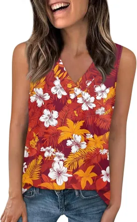 Tank Tops for Women V Neck Printed Tank Tops Flowy Sleeveless Going Out Basic Tee Loose Fit Vacation T Shirts