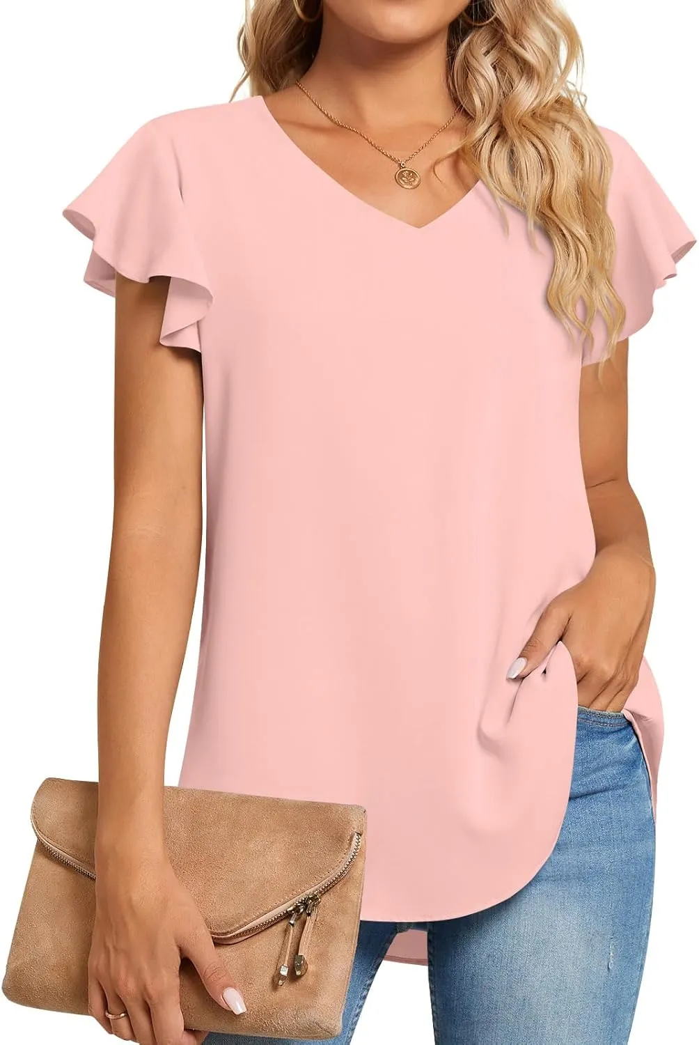 TAOHUADAO Women's Summer Casual T-Shirt V-Neck Chiffon Tops for Leggings Loose Comfy Blouses