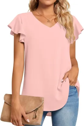 TAOHUADAO Women's Summer Casual T-Shirt V-Neck Chiffon Tops for Leggings Loose Comfy Blouses