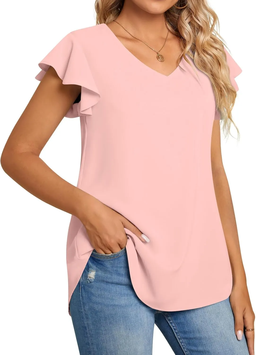 TAOHUADAO Women's Summer Casual T-Shirt V-Neck Chiffon Tops for Leggings Loose Comfy Blouses