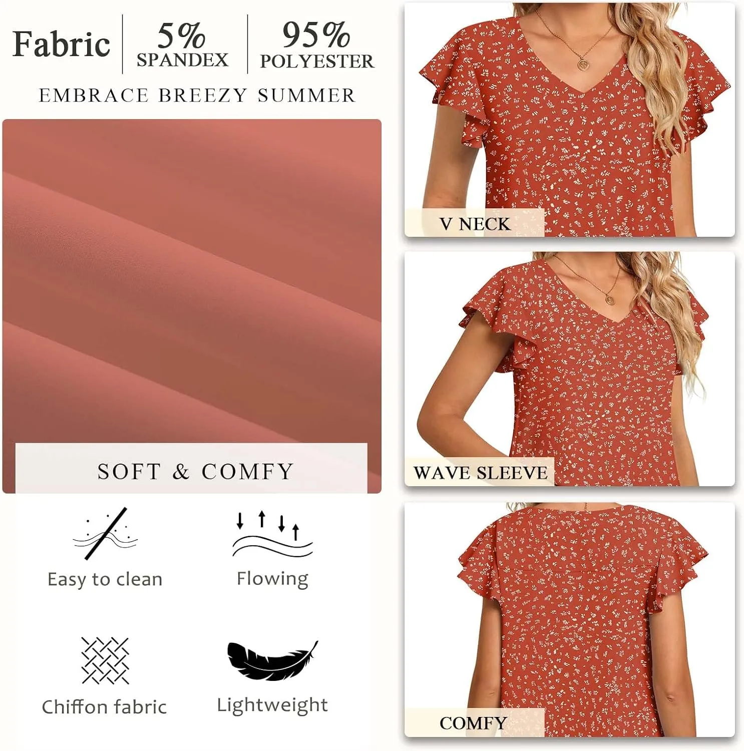TAOHUADAO Women's Summer Casual T-Shirt V-Neck Chiffon Tops for Leggings Loose Comfy Blouses