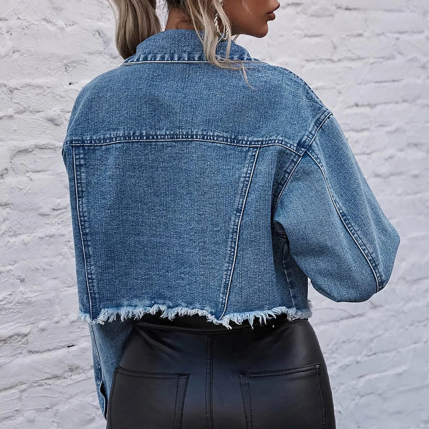 tuduoms Cropped Jean Jacket Womens Trendy Distressed Denim Jacket Fashion Ripped Frayed Hem Button Down Jean Jacket For Women