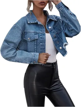 tuduoms Cropped Jean Jacket Womens Trendy Distressed Denim Jacket Fashion Ripped Frayed Hem Button Down Jean Jacket For Women