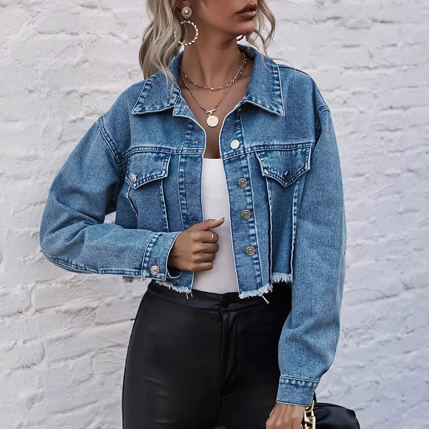 tuduoms Cropped Jean Jacket Womens Trendy Distressed Denim Jacket Fashion Ripped Frayed Hem Button Down Jean Jacket For Women
